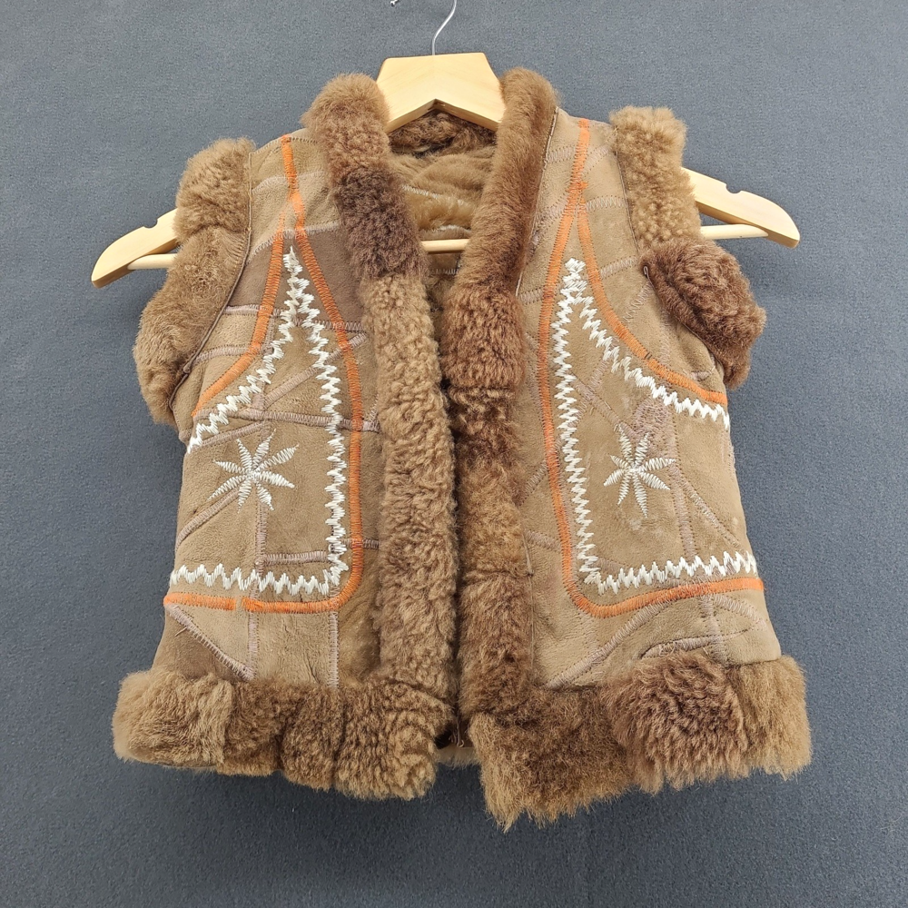 Vintage 70s Afghan Kids Shearling Vest Suede Embroidered Boho Fur Child 6 7 8